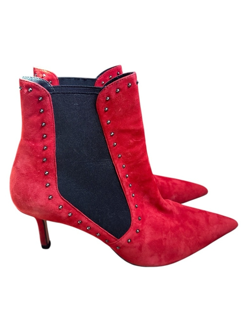 Zara Red Suede Pointed Toe Studded Kitten Ankle Boots Heels Size EU 41